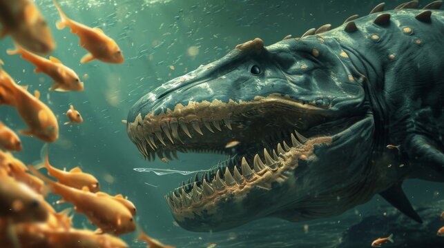 A school of small fish ter in fear as an enormous Liopleurodon with multiple rows of sharp teeth swims by in search of a meal.