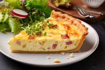 Quiche lorraine slice on a plate served with salad for lunch or breakfast