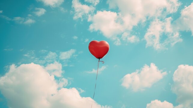 Red heart balloon on blue sky background. Valentines day concept.