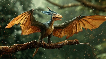 A pterodactyl perches on a branch its wings spread wide as it dries off in the warm sun after getting caught in the rain.
