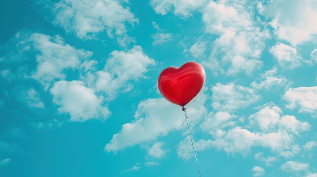 Red heart balloon floating on blue sky background. Valentines day concept.