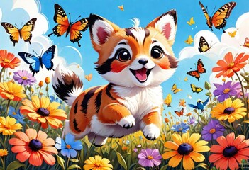a cute fluffy animal is having fun in a meadow among spring flowers and catching butterflies.
