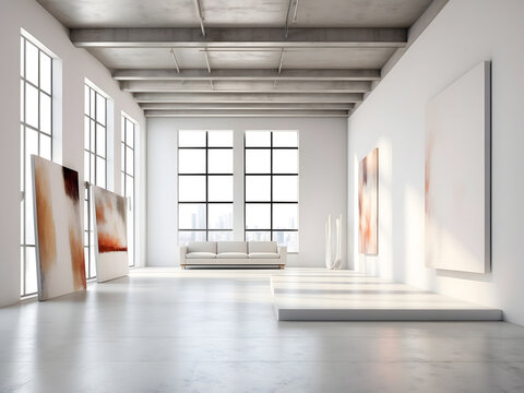 Picture exposition modern gallery, open space.Blank white empty canvas hanging contemporary art museum.Interior loft style concrete floor, light spots,generic design furniture and building design.