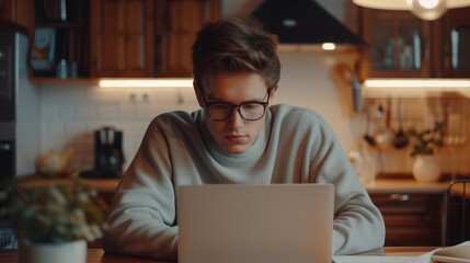 Focused young man wearing glasses using laptop, typing on keyboard, writing email or message, chatting, shopping, successful freelancer working online on computer, sitting in modern kitchen - obrazy, fototapety, plakaty