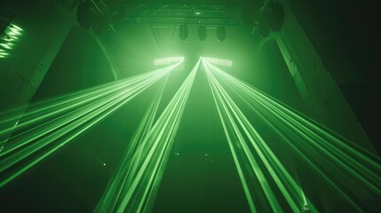 From below shot of bright beams of green laser lights illuminating music venue during show