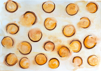 Abstract circles texture on a white background. Orange and yellow abstract landscape gradient. Fall color painting. Aquarelle art backdrop.