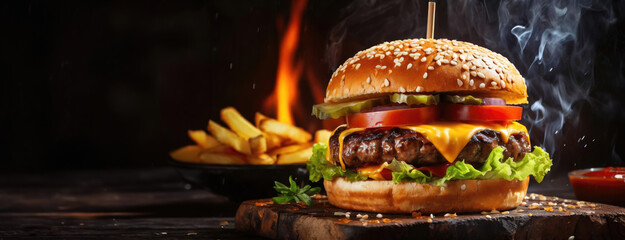 A juicy cheeseburger with lettuce, tomato, and cheese, alongside a portion of fries, presented on a rustic wooden board with a fiery background. Panorama with copy space.