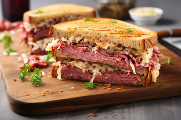 Reuben sandwich with sauerkraut and creamy sauce for lunch - obrazy, fototapety, plakaty