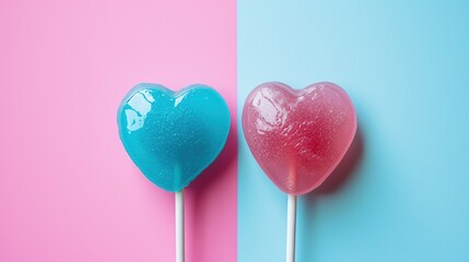 Two lollipops in the shape of a heart on a pink and blue divided background