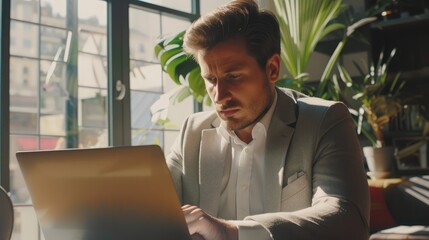 Handsome businessman working with laptop in office - obrazy, fototapety, plakaty