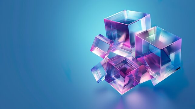3d crystal glass cubes with refraction and holographic effect isolated on black background. Render transparent glass rotate box with overlay dispersion light, rainbow gradient
