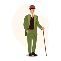 Vector illustration of a stylish dandy man. Cartoon scene of a handsome gentleman with a mustache, a hat, in a fashionable suit, vest, shirt with a tie, holding a cane isolated on a white background.