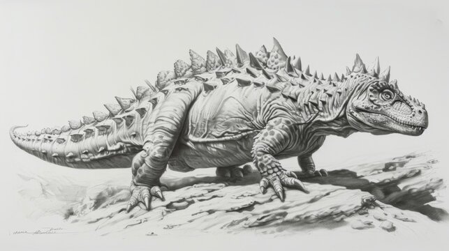 A detailed pencil drawing of a Sauropelta a lesserknown armored dinosaur with its armored plates and long spiky tail highlighted in stunning detail.