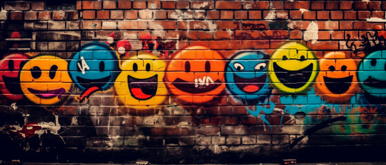 Naklejka premium brick wall graffiti with funny faces