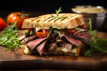 Roast beef sandwich on a wooden board for lunch with greens