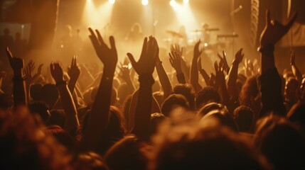 many people enjoying rock concert, crowd with raised up hands dancing in nightclub, audience...