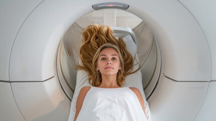 A woman about to enter an MRI or magnetic resonance imaging machine. - obrazy, fototapety, plakaty