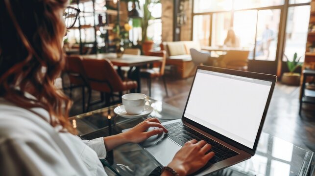 Mockup image of business woman using and typing on laptop with blank white screen and coffee cup on glass table in modern loft cafe
