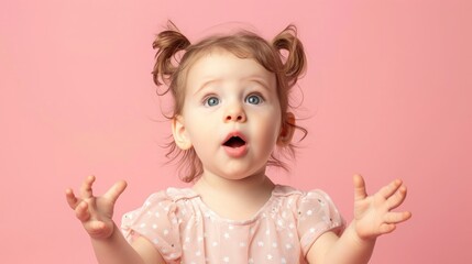 Fototapeta premium Portrait of surprised cute little toddler girl child over pink background. Looking at camera. Points hands to the left side. Advertising childrens products