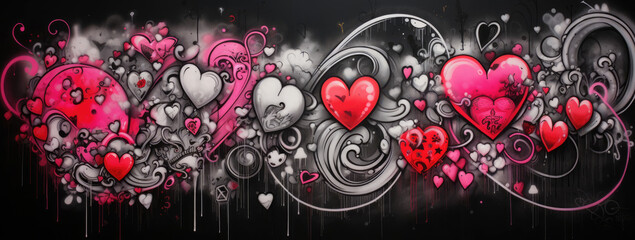 Painting of Hearts and Swirls on a Black Background