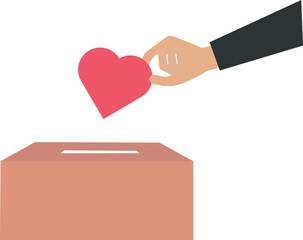 Businessman drops a heart in a donation box and charity or donation concept,
