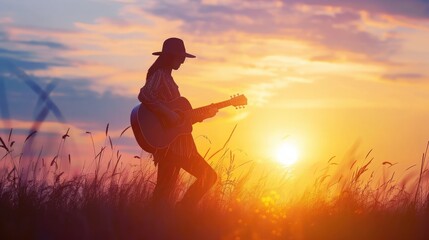 silhouette of musician with guitar at sunset field, music background - obrazy, fototapety, plakaty