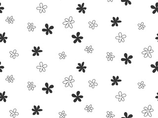 Hand drawn doodle simple flowers seamless pattern. Outline silhouette flower black and white illustration. Floral abstract seasonal background