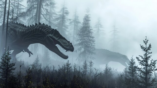 As the fog thickens again the outlines of a pair of large sharptoothed allosaurs can be seen stalking their prey through the misty ancient forest.