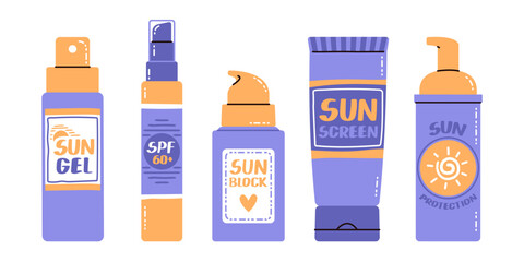 Different tubes sunscreen set. Skin sun protection products. Lotions sunblock with varying SPF strengths. Vector flat illustration collection