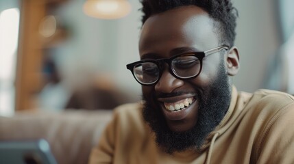 Obraz premium Smiling bearded African man working at home while sitting on the sofa.Concept of young people using mobile devices.Blurred background.