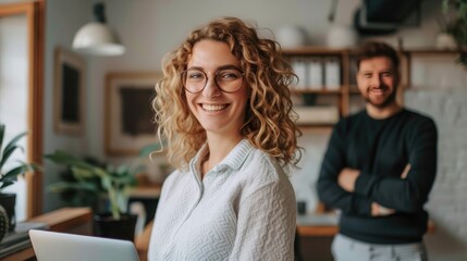 Smiling businesswoman using laptop by male colleague standing in creative office