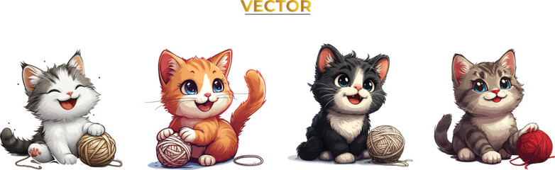 Cute happy Playful Cat and Yarn Ball Vector Logo Design, Feline Cute Animal Playfulness Graphic, kitten logo, playful pet, yarn icon, lovely little animal, character, lovely animal set vector