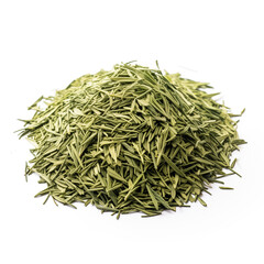 close up pile of finely dry organic fresh raw tarragon dry powder isolated on white background. bright colored heaps of herbal, spice or seasoning recipes clipping path. selective focus