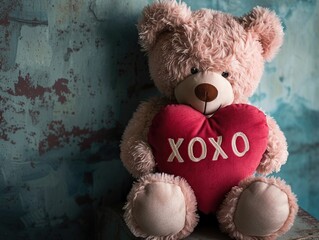Teddy bear with a xoxo heart on a blue background. Valentine's Day.