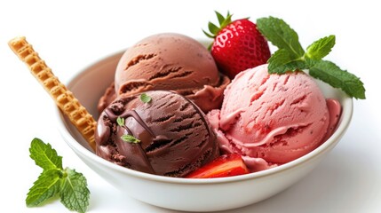 Strawberry, chocolate and mint ice cream scoops with wafer stick in bowl isolated on white background