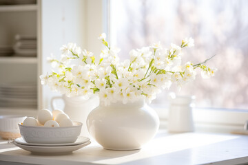 Obraz na płótnie Canvas Spring flowers, Happy Easter background. White Easter eggs