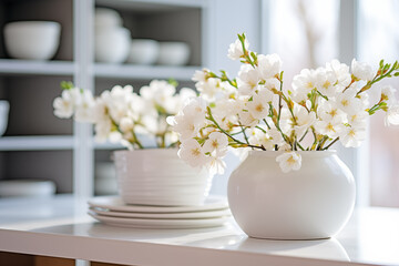 Fototapeta na wymiar Spring flowers, Happy Easter background. White Easter eggs