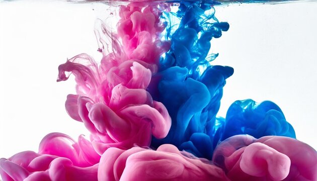 splash of blue and pink paint in water over white background