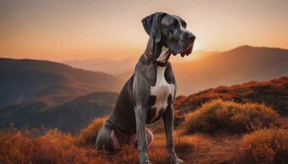 Great Dane, dog at dawn, purebred dog in nature, happy dog, beautiful dog - obrazy, fototapety, plakaty