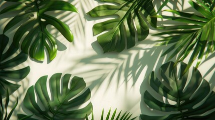 Tropical leaves natural shadow overlay on white texture background, for overlay on product presentation, backdrop and mockup, summer seasonal concept