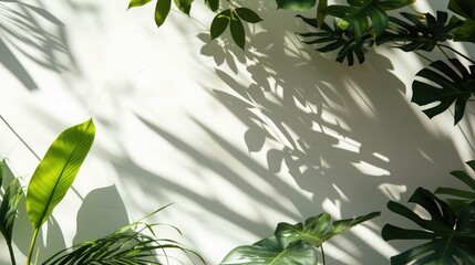 Tropical leaves natural shadow overlay on white texture background, for overlay on product presentation, backdrop and mockup, summer seasonal concept