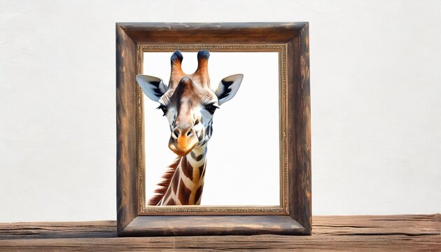 cute curiosity giraffe the giraffe looks interested african animal stares interestedly inside picture frame giraffe in wooden frame with 3d effect isolated on white background