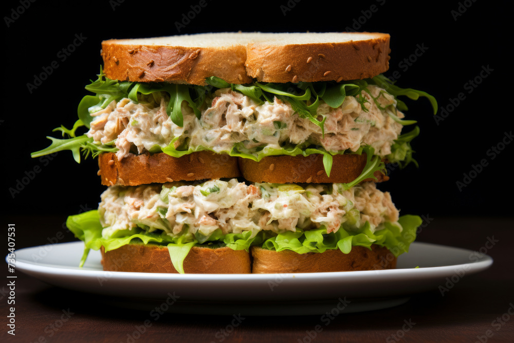 Wall mural Tuna salad sandwich stacked on a plate for lunch