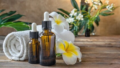 bottles on the background of the spa room skin care serum or natural cosmetics with essential oil face and body beauty concept spa concept place for text