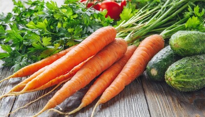 fresh organic carrots and heap of other vegetables healthy vegetarian food on table