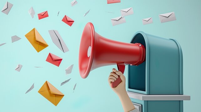 Letters open mailbox megaphone on colorful background