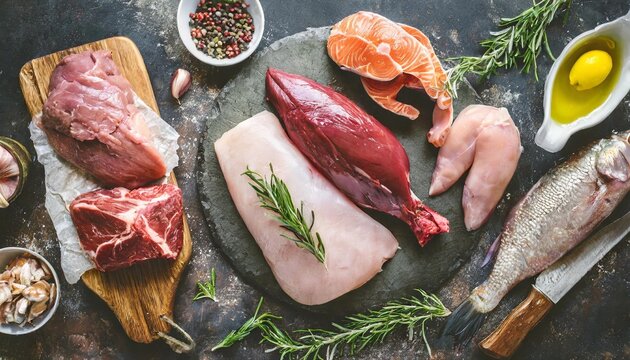 assortment of raw fresh meat on dark grunge background beef pork fish chicken and duck top view flat lay