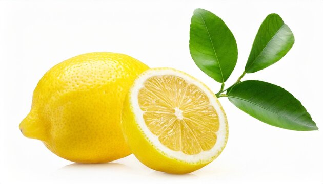 lemon fruit isolate lemon whole half slice leaf on white falling lemon slices with leaves flying fruit full depth of field