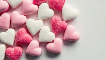 Obraz na płótnie Canvas pink and white heart shaped sugar candies on white background minimalistic valentine s day greeting card