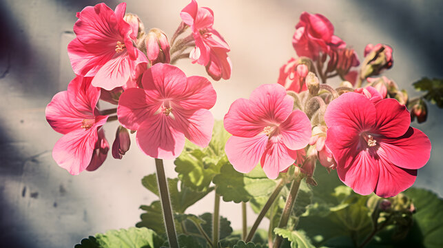 A pink geranium with leaves and flowers,,
Pelargonium - Geranium Flowers showing their lovely petal Detail in the garden Pro Photo

